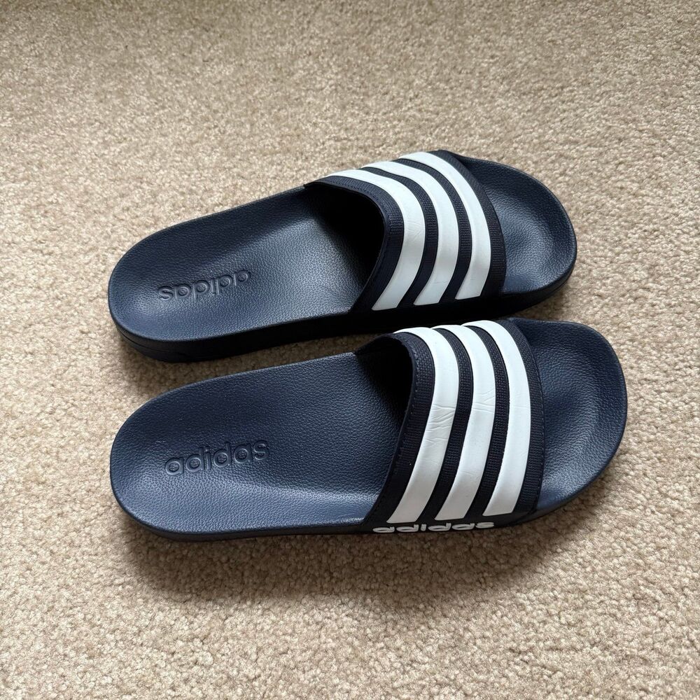 Adidas Adilette Pool Shower Slides Navy Blue White Stripe Mens Size 8 NEW
